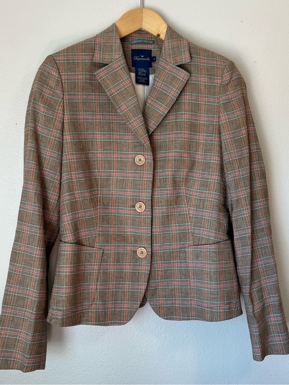 Faconnable Plaid Linen Blend Blazer Jacket Career Workwear Brown Tan